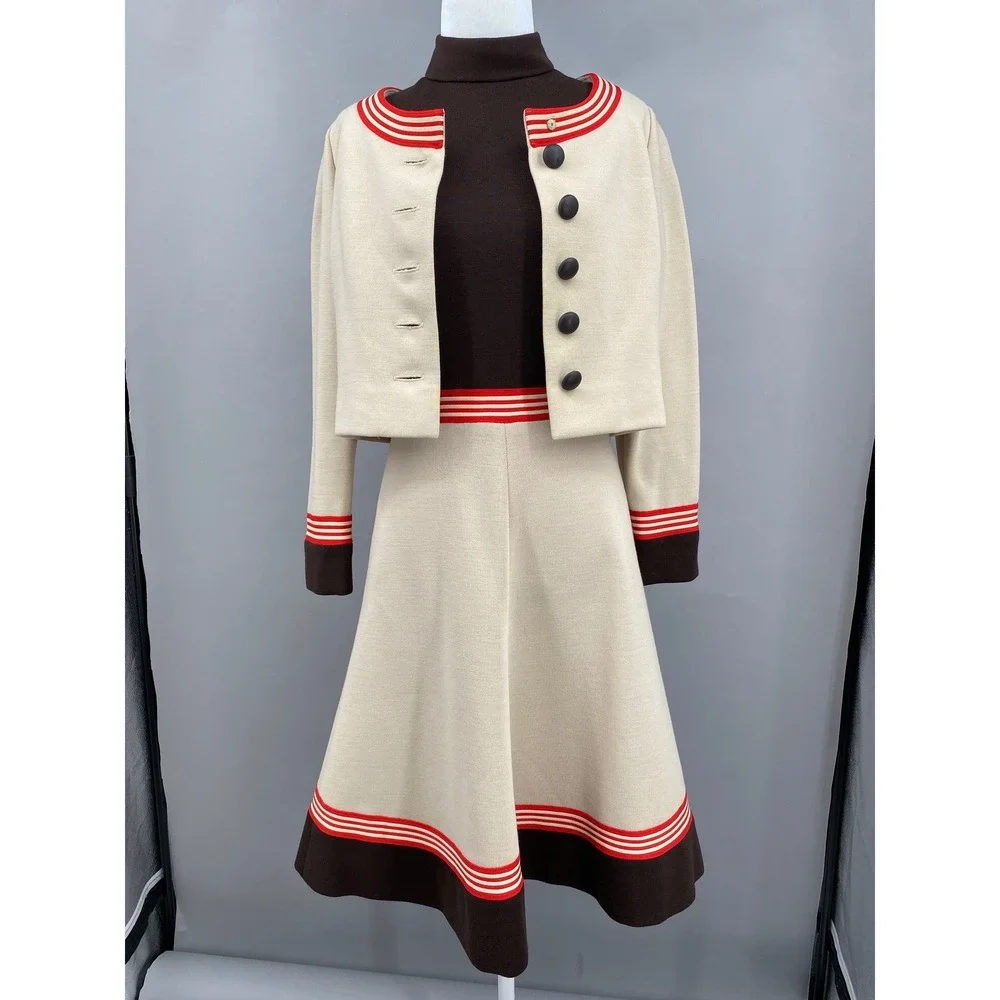 Vintage 70s Knit Dress Jacket Set Cream Chocolate Brown Mod A-Line Midi S/M